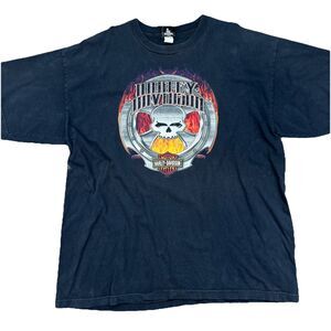 Vintage Y2K Harley Davidson Skull Skeleton Flaming Fire Rim Wheel Faded Sz 3XL